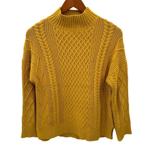 J. Crew Long Cotton Cable-Knit Mockneck Sweater in Mustard BD709 // XS - Picture 1 of 10